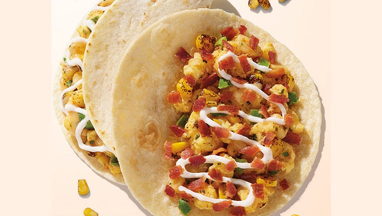 The new breakfast tacos at Dunkin’ are pictured in a provided image. 