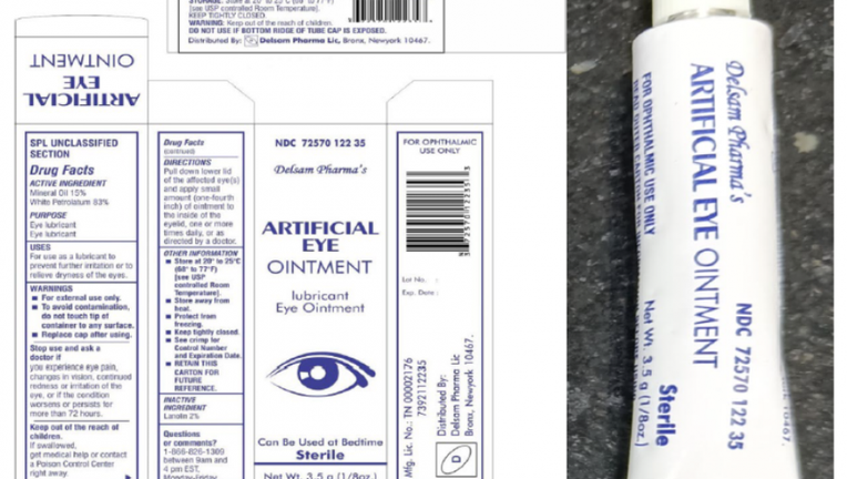 The Batch No. H29 of Artificial Eye Ointment, distributed by Delsam Pharma, is pictured in a provided photo. (Credit: FDA / Global Pharma Healthcare)