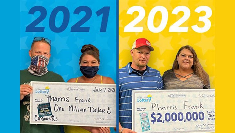 Pharris Frank of Advance, North Carolina, is pictured with his wife after winning a $1 million lottery in July of 2021, and another $2 million lottery in March of 2023. (Credit: N.C. Education Lottery)