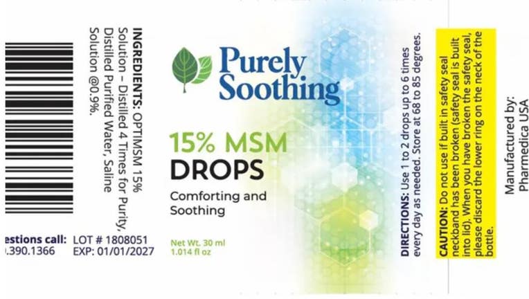 The product label for the recalled Purely Soothing, 15% MSM Drops. (FDA/ Pharmedica USA LLC )