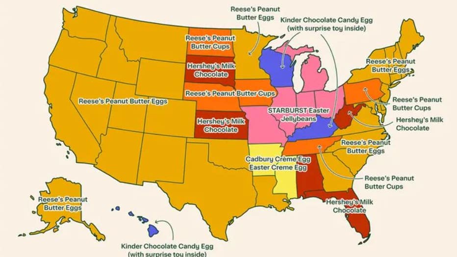 Easter Candies Across America: The top selling Easter candies by state via Instacart. Instacart determined the top selling Easter candy by looking at the top selling candy in each state from a list of candies that grew by at least 50% on a platform l (Instacart / Fox News)
