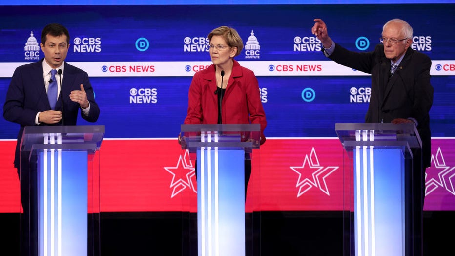 FILE - Democratic presidential candidates (L-R) former South Bend, Indiana Mayor Pete Buttigieg, Sen. Elizabeth Warren (D-MA), and Sen. Bernie Sanders (I-VT) participate the Democratic presidential primary debate at the Charleston Gaillard Center on Feb. 25, 2020, in Charleston, South Carolina. (Photo by Win McNamee/Getty Images)