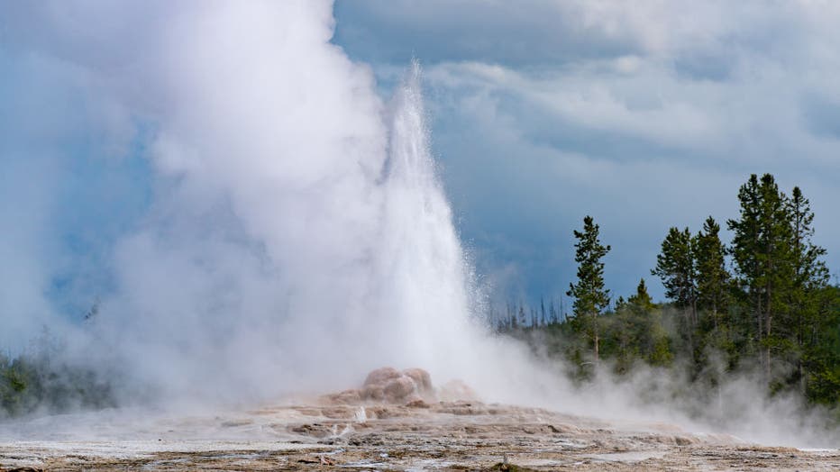 A general view of Old Faithful erupting in Yellowstone National Park on May 25, 2021 in Yellowstone National Park, Wyoming. (Photo by AaronP/Bauer-Griffin/GC Images)