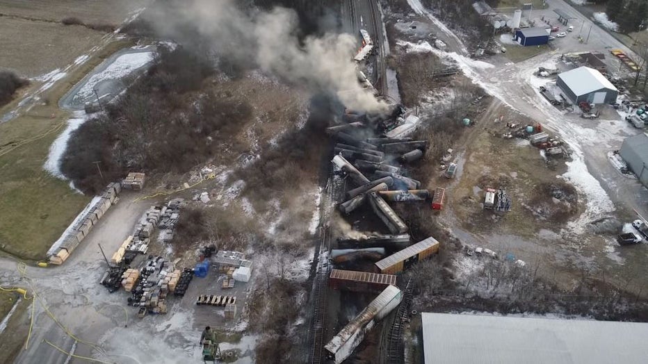 This video screenshot released by the U.S. National Transportation Safety Board (NTSB) shows the site of a derailed freight train in East Palestine, Ohio, the United States. (NTSB/Handout via Xinhua)