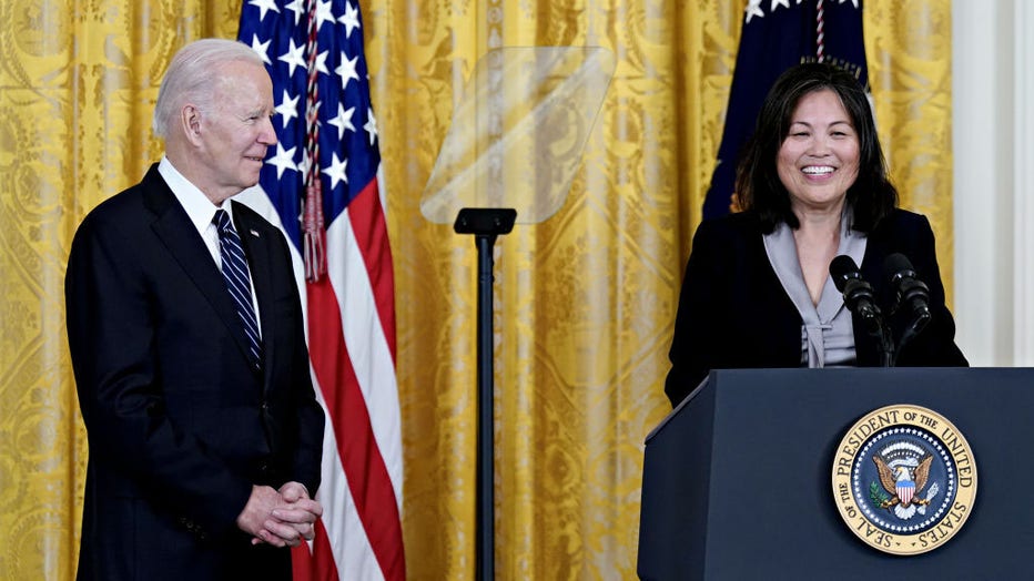 Julie Su, deputy US secretary of labor, speaks during a nomination event with US President Joe Biden, left, in the East Room of the White House in Washington, DC, US, on March 1, 2023. Photographer: Al Drago/Bloomberg via Getty Images