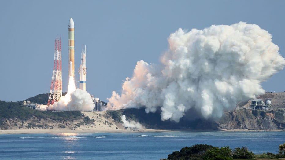 Japan's next-generation H3 rocket failed after liftoff on March 7, 2023, with the space agency issuing a destruct command after concluding the mission could not succeed. (Photo by STR/JIJI Press/AFP via Getty Images)