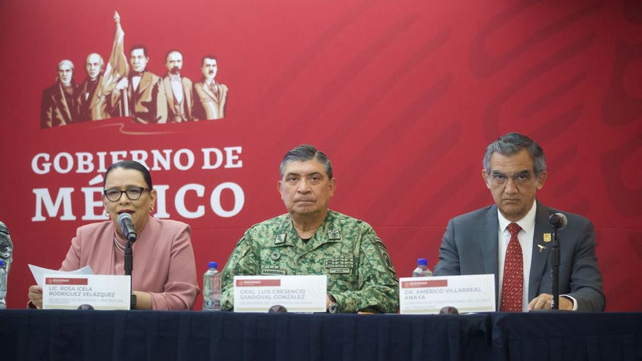 Governor of Tamaulipas Americo Villareal, Secretary of Public Security Rosa Icela Rodriguez and Secretary of National Defense Luis Cresencio Sandoval, during a press conference on the case of the kidnapping of American citizens in the state from Tamaulipas. (Photo credit: Julian Lopez/ Eyepix Group/Future Publishing via Getty Images)