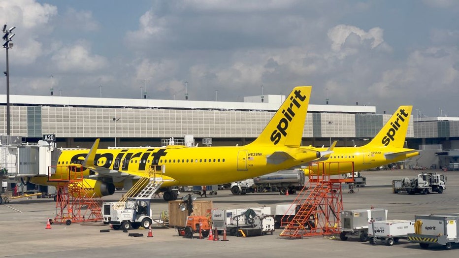 FILE - Spirit airlines planes sits at the gate at George Bush Intercontinental Airport (IAH) in Houston, Texas, on March 8, 2023. (Photo by DANIEL SLIM/AFP via Getty Images)
