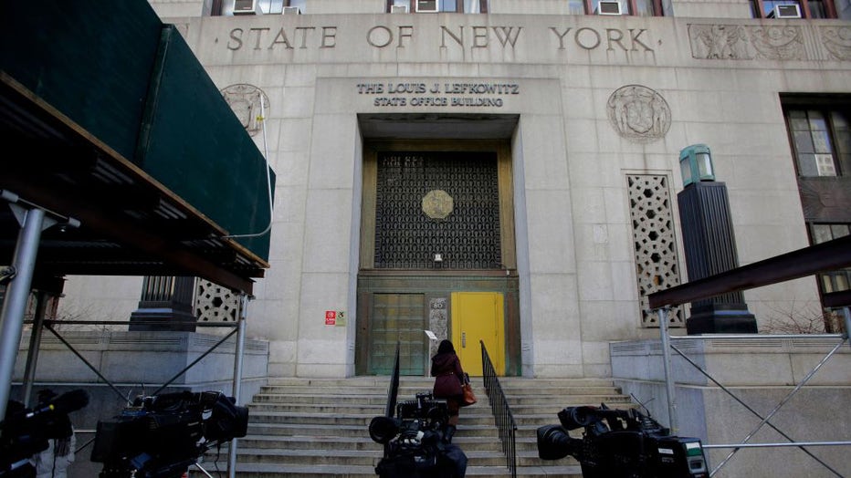 Media cameras sit outside the Manhattan District Attorneys office in New York City on March 20, 2023.(Photo by LEONARDO MUNOZ/AFP via Getty Images)