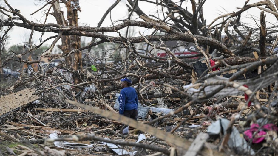 A view of the destruction in Rolling Fork after deadly tornadoes and severe storms tore through the US state of Mississippi, United States on March 26, 2023. (Photo by Fatih Aktas/Anadolu Agency via Getty Images)