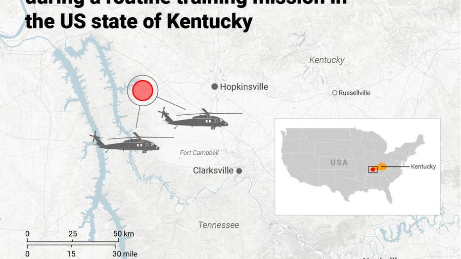 An infographic shows where the two Black Hawk helicopters crashed during the routine training mission on March 29, 2023. (Photo by Elmurod Usubaliev/Anadolu Agency via Getty Images)