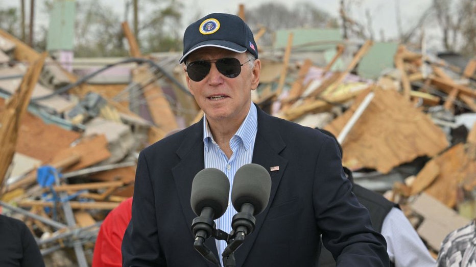 US President Joe Biden speaks in Rolling Fork, Mississippi, on March 31, 2023. (Photo by MANDEL NGAN/AFP via Getty Images)