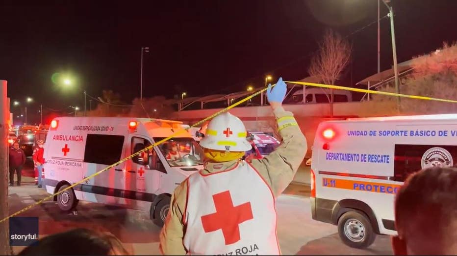 Screengrabs from a video show the scene outside of a migrant facility in northern Mexico after it caught fire overnight on March 27-28, 2023. Credit: Corrie Boudreaux via Storyful