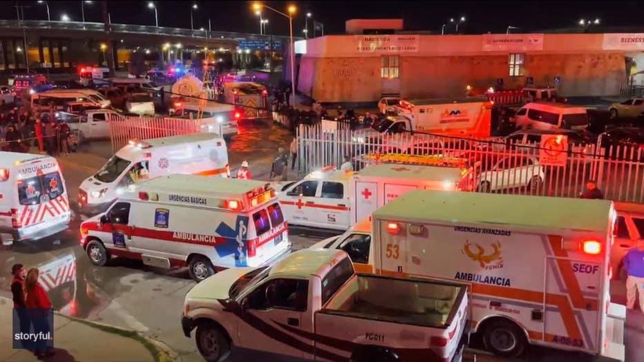 Screengrabs from a video show the scene outside of a migrant facility in northern Mexico after it caught fire overnight on March 27-28, 2023. Credit: Corrie Boudreaux via Storyful