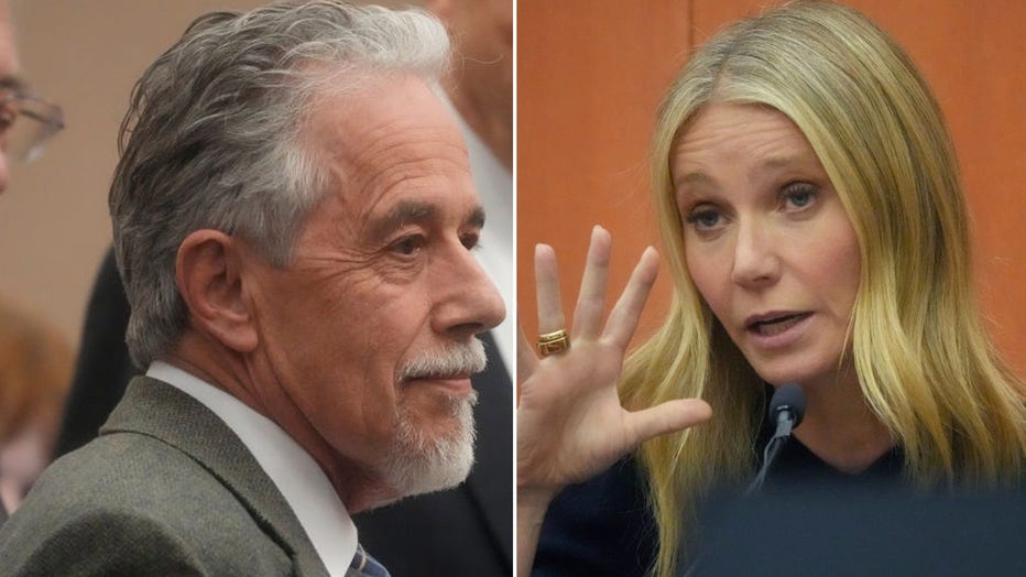 (L) Terry Sanderson, the Utah man suing Gwyneth Paltrow, appears in court during her testimony on March 24, 2023, in Park City, Utah. (R) Gwyneth Paltrow testifies during her trial on March 24, 2023, in Park City, Utah. (Photos by Rick Bowmer-Pool/Getty Images) 