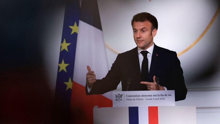 French President Emmanuel Macron delivers his speech on the topic of end-of-life, following a citizen consultation on the issue, at the Elysee presidential Palace, in Paris, on April 3, 2023. (Photo by AURELIEN MORISSARD/POOL/AFP via Getty Images)