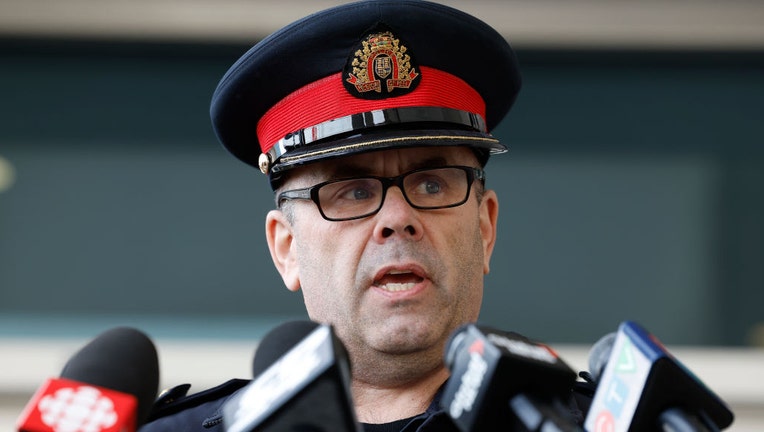 Peel Police Inspector Stephen Duivesteyn briefed the media on the theft at Pearson International Airport, which is estimated at $20 million, on April 20, 2023. (Rick Madonik/Toronto Star via Getty Images)