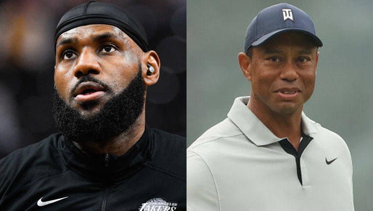 (L) LeBron James #6 of the Los Angeles Lakers warms up before a game against the Utah Jazz at Vivint Arena on April 04, 2023 in Salt Lake City, Utah. (R) Tiger Woods of the United States waves on the third green during a practice round prior to the 2023 Masters Tournament at Augusta National Golf Club on April 04, 2023 in Augusta, Georgia. (Photos: Alex Goodlett & Patrick Smith/Getty Images)