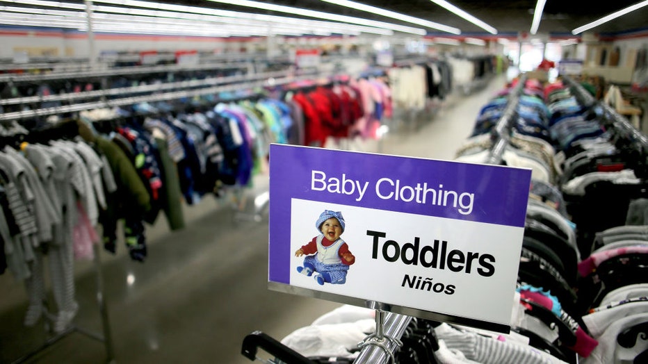 FILE - Baby clothing is pictured at a Salvation Army Store in Brockton, Massachusestts, on July 1, 2020. (Photo by Lane Turner/The Boston Globe via Getty Images)