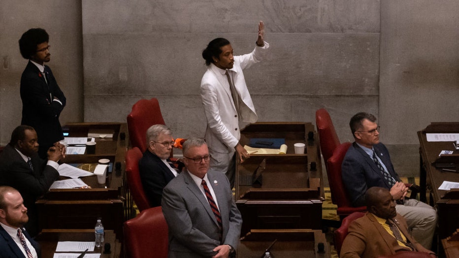 FILE - (L-R) Democratic Reps. Justin Pearson of Memphis, and Justin Jones of Nashville, are pictured at the State Capitol Building on April 6, 2023, in Nashville, Tennessee. (Photo by Seth Herald/Getty Images)