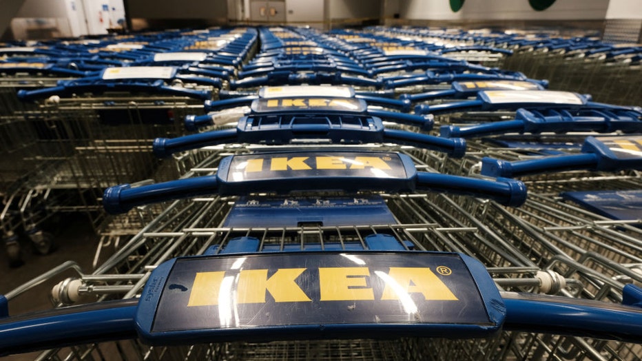 FILE - Carts sit stacked in an Ikea store in Brooklyn on April 20, 2023, in New York City. (Photo by Spencer Platt/Getty Images)