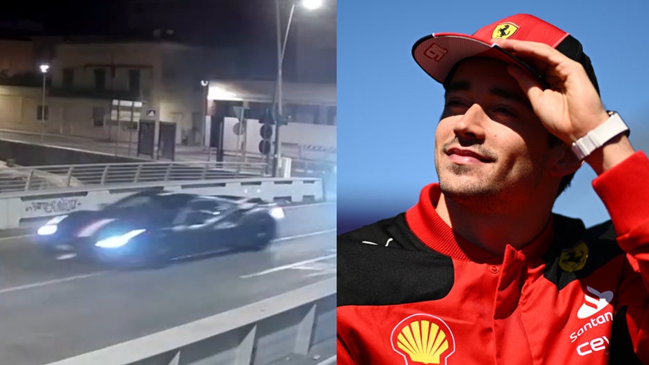 (L) The Arma dei Carabinieri released this footage showing a car chase on the night of the robbery. (R) Charles Leclerc of Monaco and Ferrari looks on from the drivers parade prior to the F1 Grand Prix of Australia at Albert Park Grand Prix Circuit on April 2, 2023, in Melbourne, Australia. (Photo by Clive Mason - Formula 1/Formula 1 via Getty Images)