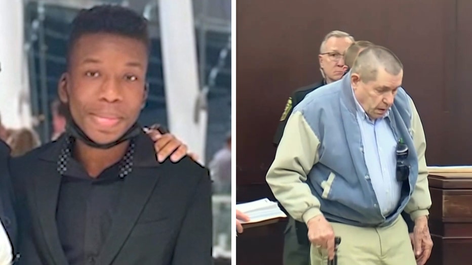 Ralph Yarl, 16, is pictured in a family handout via FOX4KC WDAF-TV, alongside an image of Andrew Lester, 84, in court on April 19, 2023. 