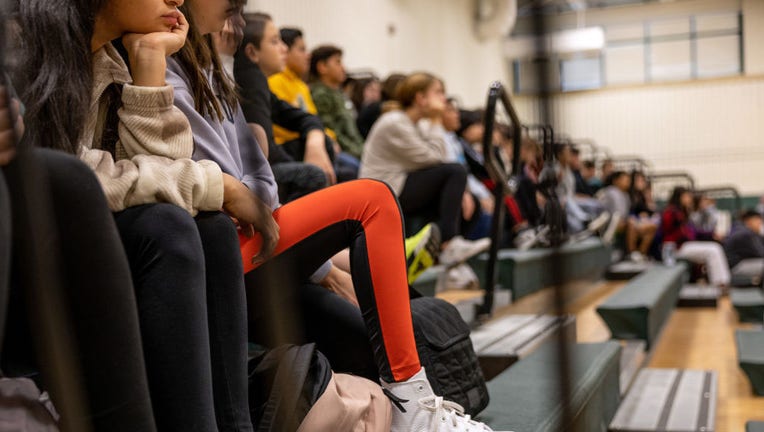 FILE - Eighth grade students are pictured during a lecture on internet safety and cyberbullying at the Scofield Magnet Middle School on Oct. 24, 2022, in Stamford, Connecticut. (Photo by John Moore/Getty Images)