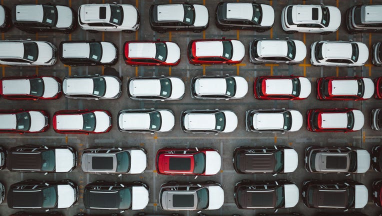 FILE - Aerial view of a large number of vehicles waiting for shipment at a port on March 1, 2023, in Shanghai, China. (Photo by Li Junmin/VCG via Getty Images)