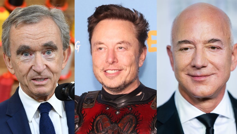 Bernard Arnault, Elon Musk, and Jeff Bezos are pictured in file images. (Credit: NICHOLAS KAMM/AFP, Taylor Hill, Samir Hussein/WireImage via Getty Images)