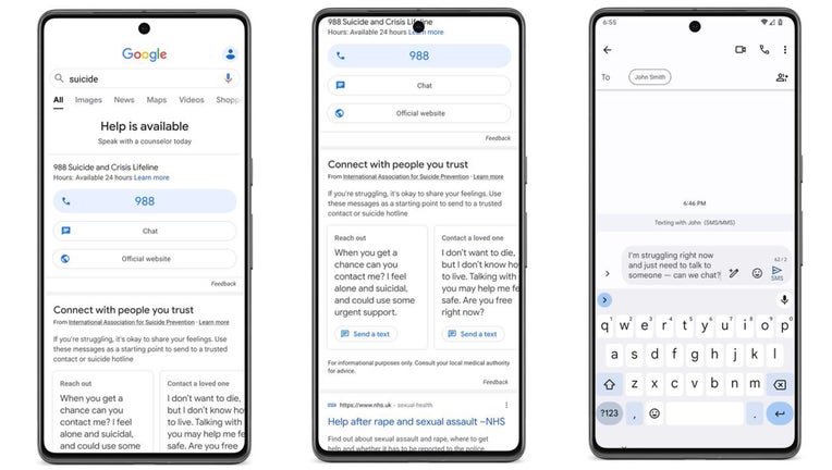 Screenshots of Google’s new search results that include pre-written text messages asking for help. (Credit: Google)