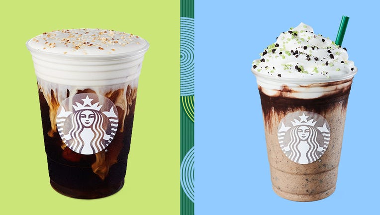 The new Chocolate Java Mint Frappuccino and a White Chocolate Macadamia Cream Cold Brew are pictured in provided images. (Credit: Starbucks)