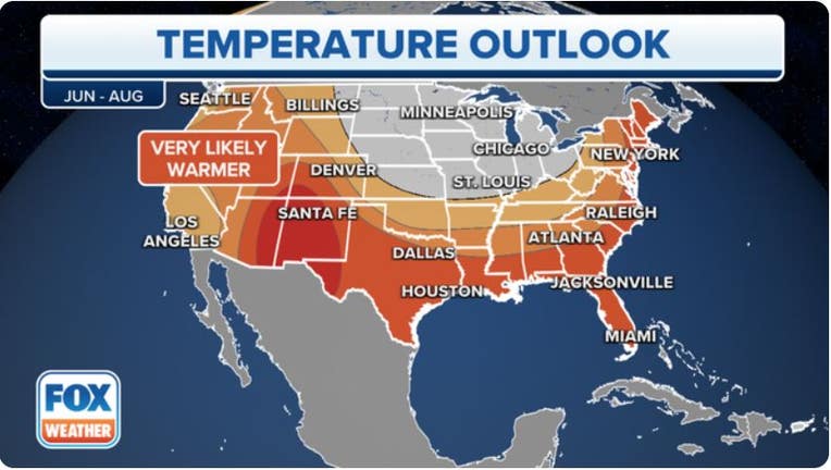 The temperature outlook for June, July and August 2023 from NOAAs Climate Prediction Center. (FOX Weather)