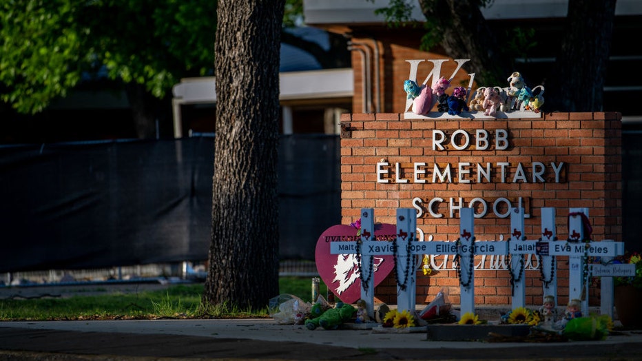 A memorial is dedicated to the victims of last years mass shooting at Robb Elementary School on April 27, 2023 in Uvalde, Texas. (Photo by Brandon Bell/Getty Images)