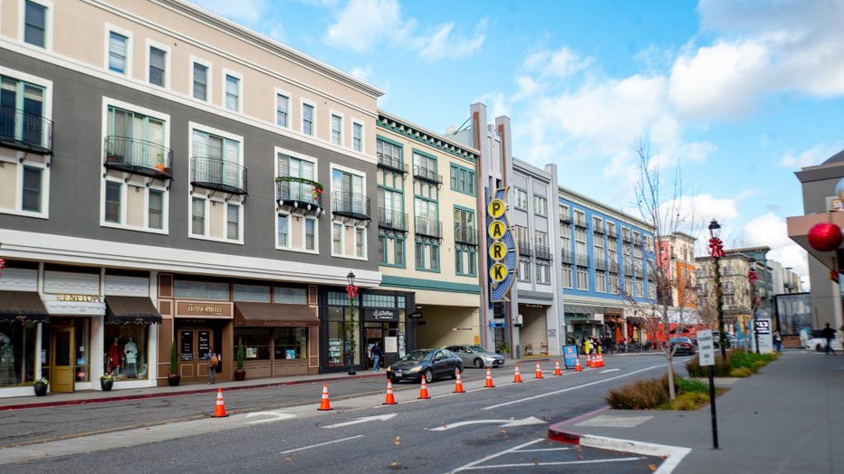 FILE - Street scene of retail stores on Santana Row in the Silicon Valley, San Jose, California, December 14, 2019. (Photo by Smith Collection/Gado/Getty Images)