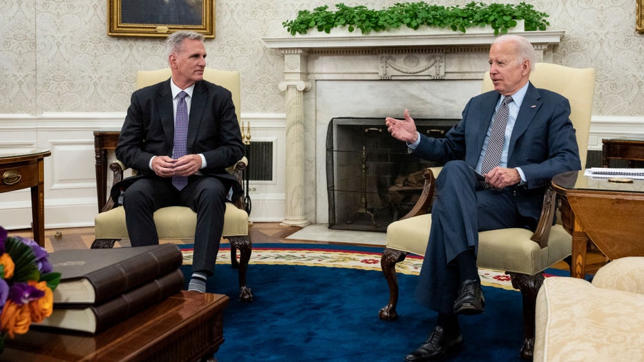 FILE - U.S. President Joe Biden meets with House Speaker Kevin McCarthy (R-CA) in the Oval Office of the White House on May 22, 2023, in Washington, D.C. (Photo by Drew Angerer/Getty Images)