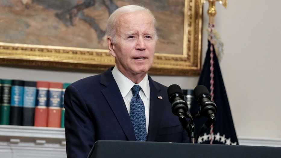 WASHINGTON, DC - MAY 28: US President Joe Biden speaks with reporters in the Roosevelt Room after making a deal with Republican Kevin McCarthy reached to suspend the federal governments $31.4 trillion debt ceiling. (Photo by Michael A. McCoy for The Washington Post via Getty Images)