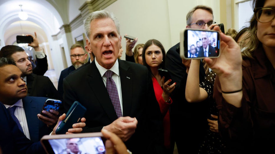 U.S. Speaker of the House Kevin McCarthy (R-CA) talks to reporters at the U.S. Capitol on May 17, 2023 in Washington, DC. (Photo by Kevin Dietsch/Getty Images)