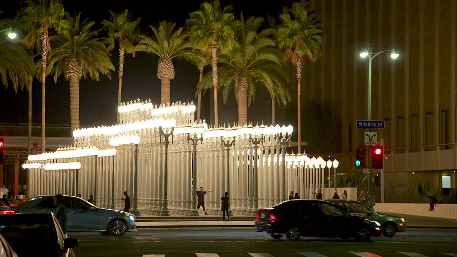 FILE - The Urban Light assemblage sculpture at the Los Angeles County Museum of Art (Photo by Michael Hurcomb/Corbis via Getty Images)