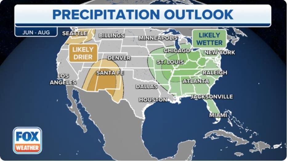 The rainfall outlook for June, July and August 2023 from NOAA's Climate Prediction Center. (FOX Weather)