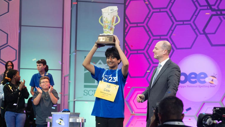 Dev Shah, 14 of Largo, Florida, spells the winning word (psammophile) and becomes the winner of the Scripps National Spelling Bee at the Gaylord National Resort & Convention Center in Oxon Hill, Maryland on June 1, 2023. (Photo by Marvin Joseph/The Washington Post via Getty Images)