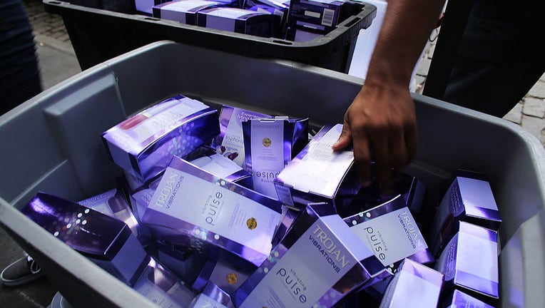FILE - A crate of free vibrator sex toys which were being distributed by the Trojan condom company from their "Pleasure Carts" on August 9, 2012, in New York City. (Photo by Spencer Platt/Getty Images)