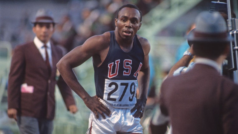 FILE - USAs Jim Hines victorious after winning Mens 100M Final at Estadio Olimpico in Mexico City, Mexico 10/13/1968 (Photo by Rich Clarkson /Sports Illustrated via Getty Images)