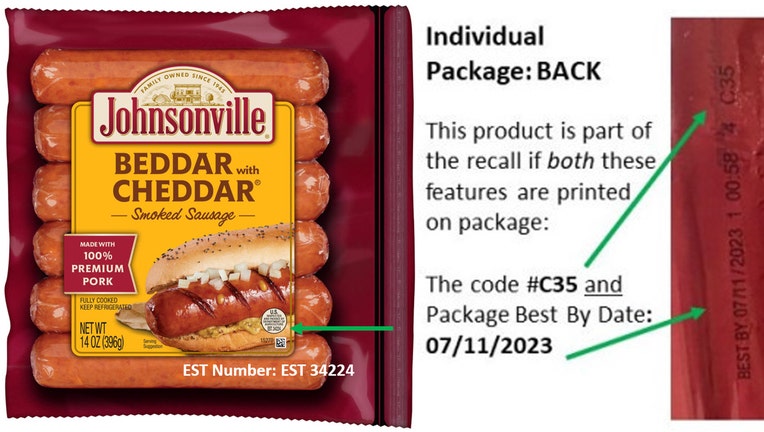 To determine if the product is among the recall, consumers are asked to see if the Beddar with Cheddar sausage links contains the following three pieces of information found on the maroon-colored package. The product is under recall only if all three of these pieces of information are stamped on the package. • A 