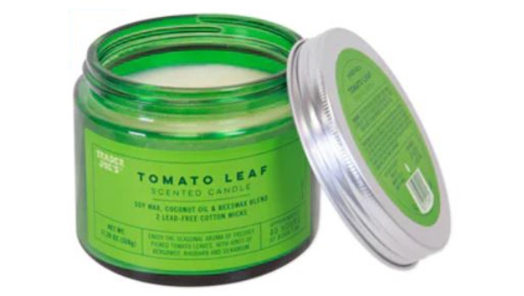 The recalled Trader Joe’s Tomato Leaf Scented Candle (SKU# 75090) is pictured in a provided image. (Credit: Trader Joe’s)