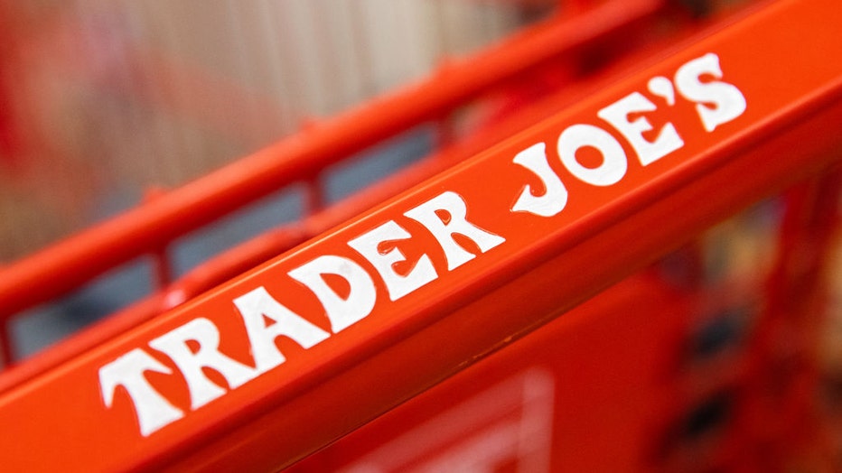 FILE - A signage on a shopping cart at the Trader Joes Upper East Side Bridgemarket grocery store in New York, on Dec. 2, 2021. Photographer: Jeenah Moon/Bloomberg via Getty Images