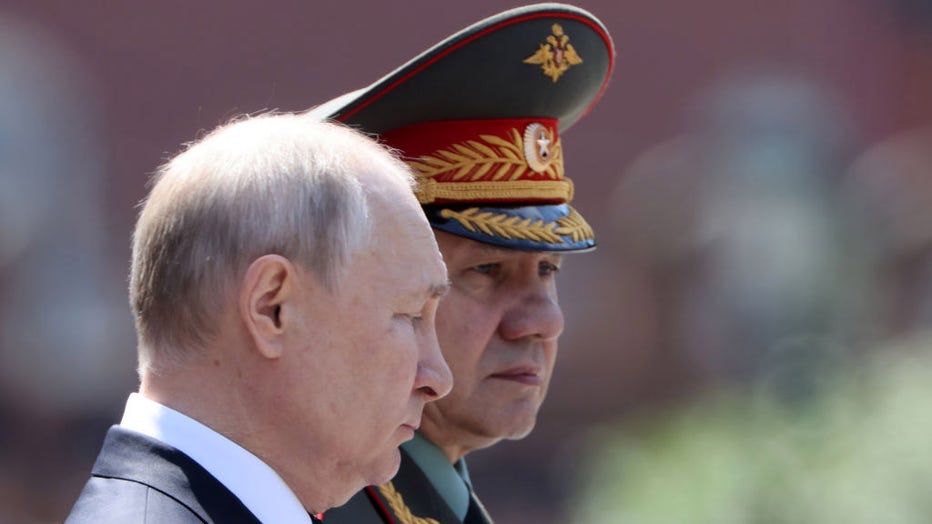 FILE - Russian President Vladimir Putin (L) and Defense Minister Sergei Shoigu (R) attend a ceremony, marking the Day of Remembrance and Sorrow, June 22, 2023 in Moscow, Russia. (Photo by Contributor/Getty Images)
