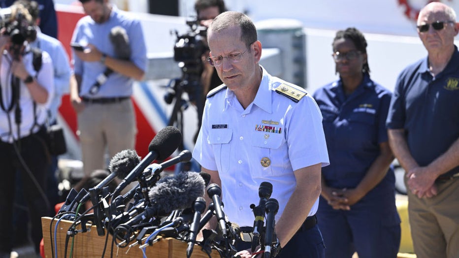 US Rear Adm. John Mauger, the First Coast Guard District commander, makes statements to the press at the US Coast Guard Base Boston in Boston, Massachusetts, United States on June 22, 2023. (Photo by Fatih Aktas/Anadolu Agency via Getty Images)