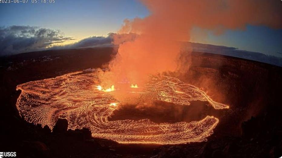 A Hawaii Volcano Observatory camera shows the Kilauea caldera after the volcano began erupting on June 7, 2023. (Image: USGS)
