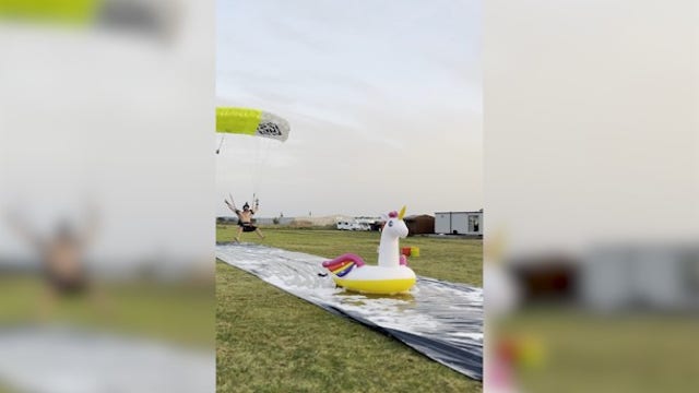 Daredevil UK skydiver lands perfectly on inflatable unicorn at festival: 'I'm coming for you'